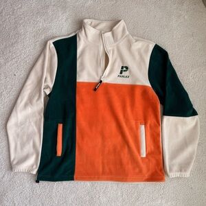 Men's Zip-Up Fleece Sweater - Orange, Cream, and Green - M - Parlez